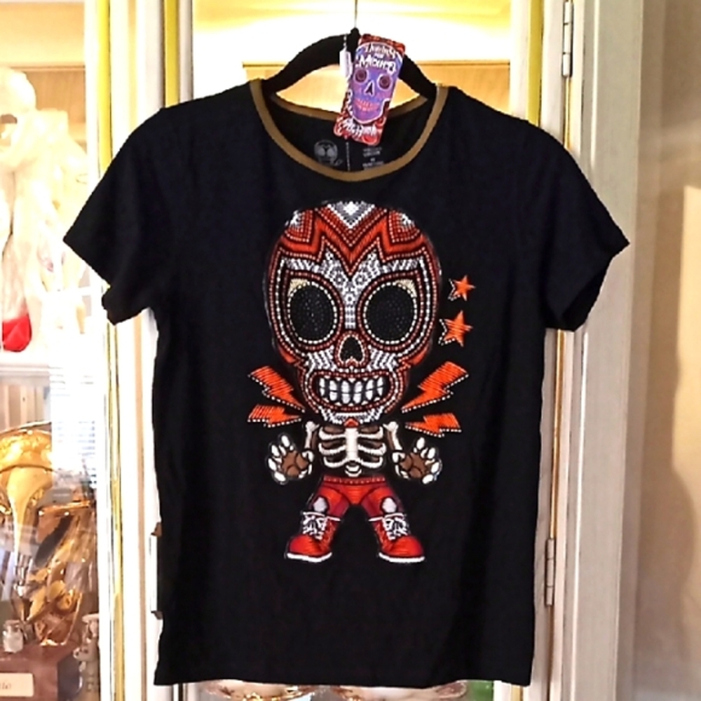AY GUEY! Black Shirt with Colorful 3-D Skull Design. NWT. 92% VISCOSE 8% SPANDEX